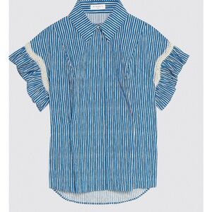 Sandro Blue and White Ruffled Button Down Shirt.